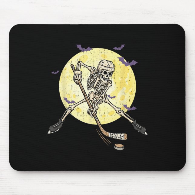 Funny Skeleton Playing Hockey Funny Halloween Men  Mouse Pad (Front)