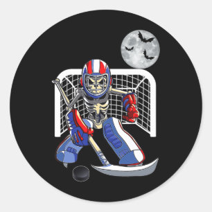 Funny Skeleton Playing Ice Hockey Happy Halloween Classic Round Sticker