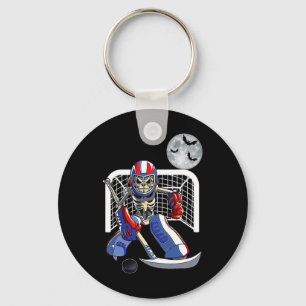 Funny Skeleton Playing Ice Hockey Happy Halloween Key Ring