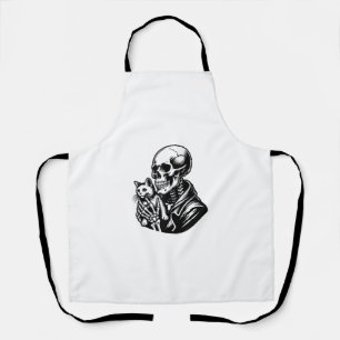 Funny Skeleton playing with a cat Graphic Skull Ca Apron