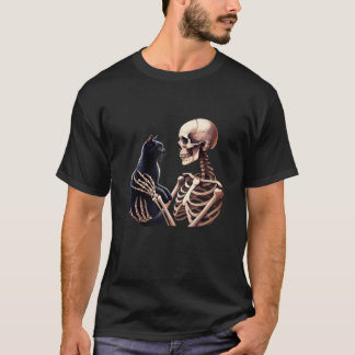 Funny Skeleton Playing With A Cat Graphic Skull Ca T-Shirt