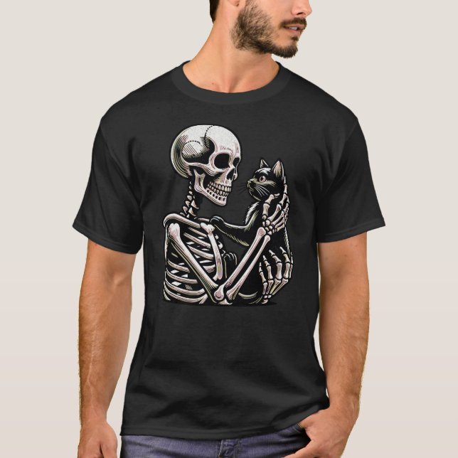 Funny Skeleton playing with a cat Graphic Skull Ca T-Shirt (Front)