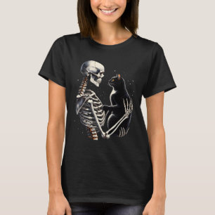 Funny Skeleton Playing With A Cat Graphic Skull Ca T-Shirt