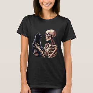 Funny Skeleton Playing With A Cat Graphic Skull Ca T-Shirt