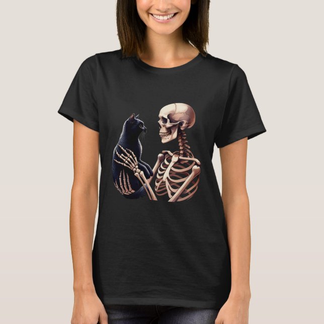 Funny Skeleton Playing With A Cat Graphic Skull Ca T-Shirt (Front)