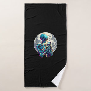 Funny Skeleton playing with A Cute Cat Skull Hallo Bath Towel