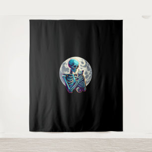 Funny Skeleton playing with A Cute Cat Skull Hallo Tapestry