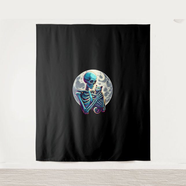 Funny Skeleton playing with A Cute Cat Skull Hallo Tapestry (Front)