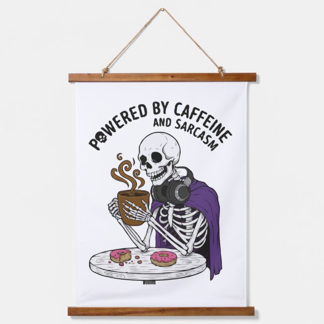 Funny Skeleton | Powered by Caffeine and Sarcasm Hanging Tapestry (Front)