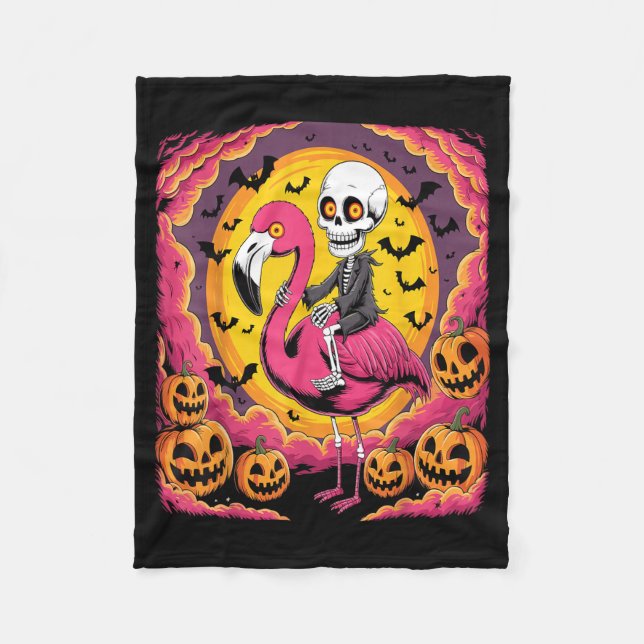 Funny Skeleton Riding Flamingo Halloween Spooky Fleece Blanket (Front)