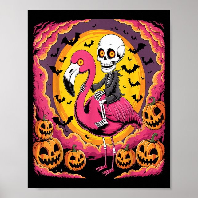Funny Skeleton Riding Flamingo Halloween Spooky Poster (Front)