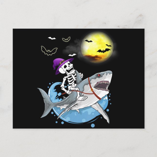 Funny Skeleton Riding Shark Halloween Boys Girls Holiday Postcard (Front)