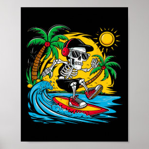 Funny Skeleton Riding Surfboard Surfing Summer Bre Poster