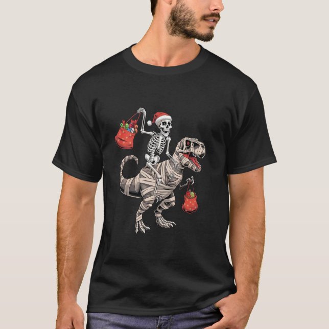 Funny Skeleton Riding TRex Dinosaur Christmas Tee (Front)
