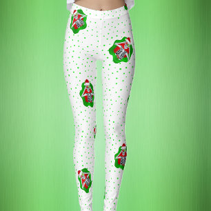 Funny Skeleton Santa Hat Red Green Dots on White Leggings