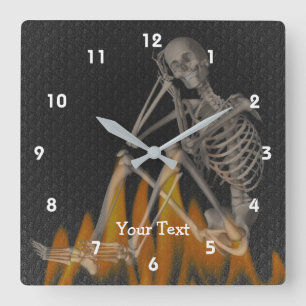 Funny Skeleton Sitting In Flames Personalised Square Wall Clock