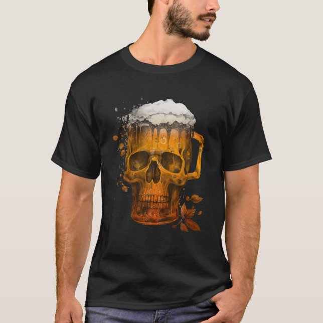 Funny Skeleton Skull Drinking Beer Halloween T-Shirt (Front)