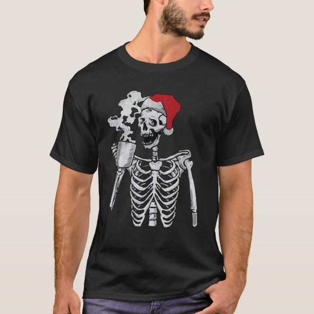 Funny Skeleton Smiling Skull Drinking Coffee Chris T-Shirt (Front)