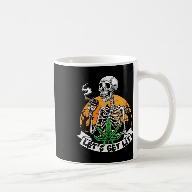 Funny Skeleton Stoner Smoking Weed Let's Get Lit H Coffee Mug (Right)