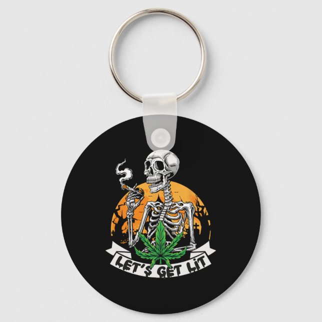 Funny Skeleton Stoner Smoking Weed Let's Get Lit H Key Ring (Front)