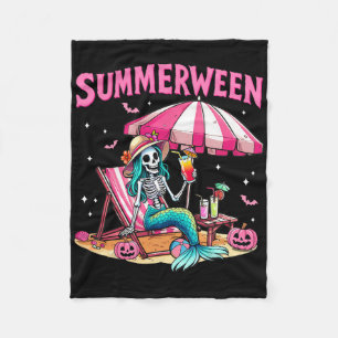 Funny Skeleton Summerween Mermaid Beach Halloween Fleece Blanket