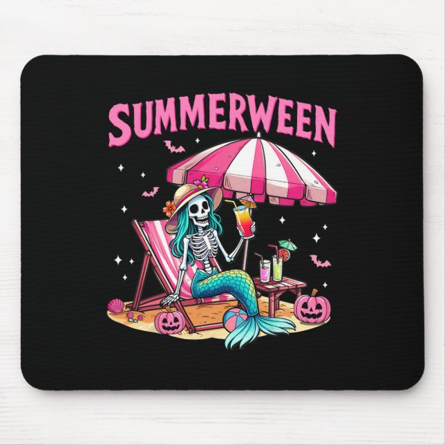 Funny Skeleton Summerween Mermaid Beach Halloween  Mouse Pad (Front)