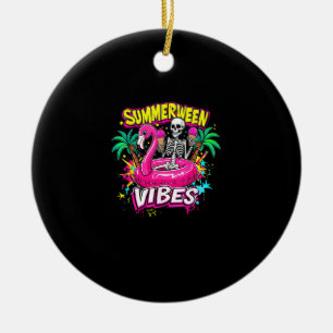 Funny Skeleton Summerween Vibes Flamingo Pool IceC Ceramic Ornament