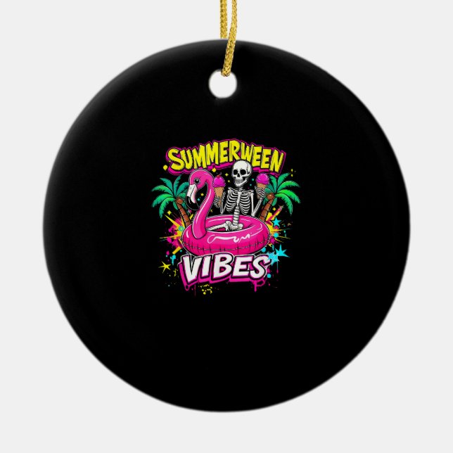 Funny Skeleton Summerween Vibes Flamingo Pool IceC Ceramic Ornament (Front)