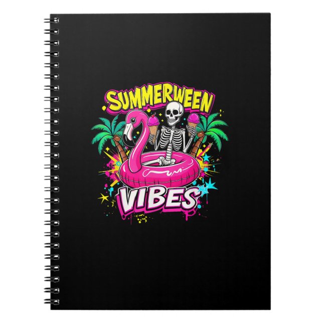 Funny Skeleton Summerween Vibes Flamingo Pool IceC Notebook (Front)