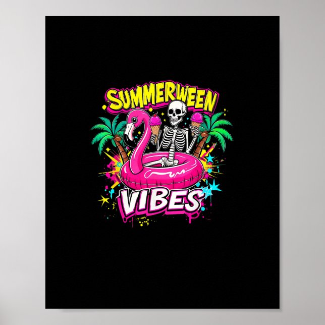 Funny Skeleton Summerween Vibes Flamingo Pool IceC Poster (Front)