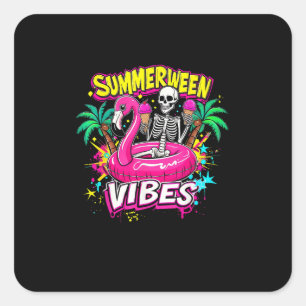 Funny Skeleton Summerween Vibes Flamingo Pool IceC Square Sticker