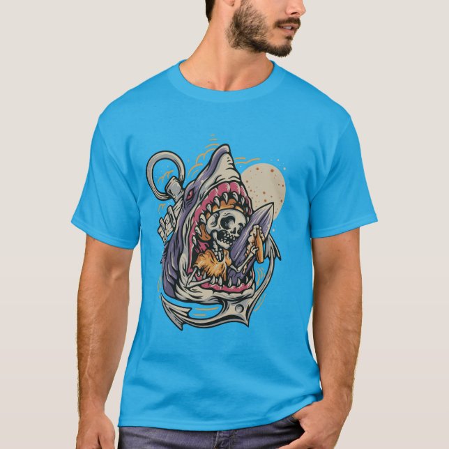 Funny Skeleton Surfing Shark Graphic Tee Skull  (Front)