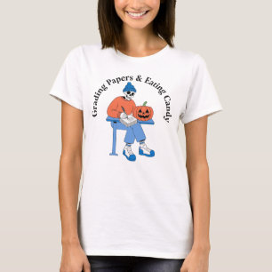 Funny Skeleton Teacher Grading Papers Halloween T-Shirt