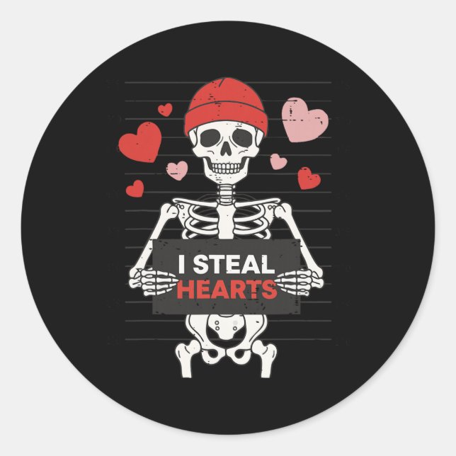 Funny Skeleton Valentine I Steal Hearts Xoxo Be Mi Classic Round Sticker (Front)