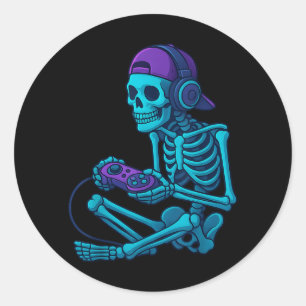 Funny Skeleton Video Game Halloween Gaming Gamer Classic Round Sticker