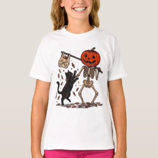 Funny Skeleton Walking Black Cat Halloween T-Shirt