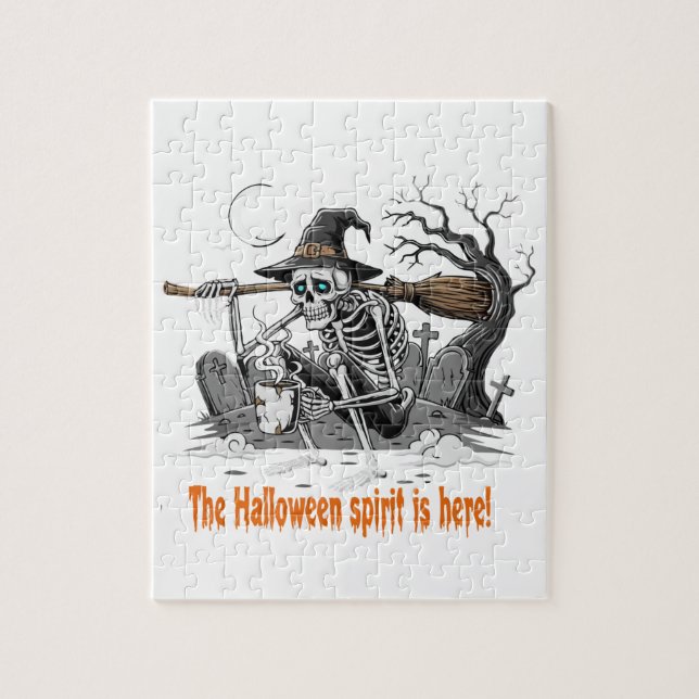 Funny Skeleton Witch Drinking Coffee | Spooky Hall Jigsaw Puzzle (Vertical)