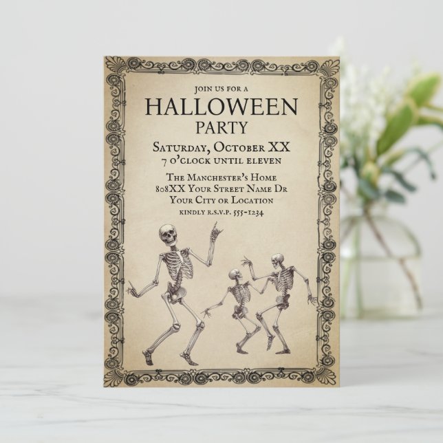 Funny Skeletons Dancing Vintage Halloween Party Invitation (Standing Front)