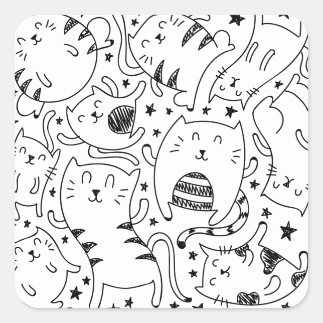 Funny sketchy dancing cats doodles pattern square sticker (Front)