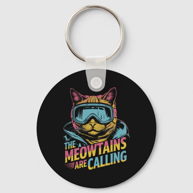 Funny Skiing Cat Gift Snowboarder Accessories Uni- Key Ring (Front)