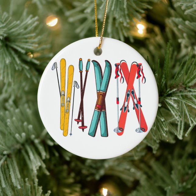 Funny Skiing Colourful Ski Skier  Ceramic Ornament (Tree)