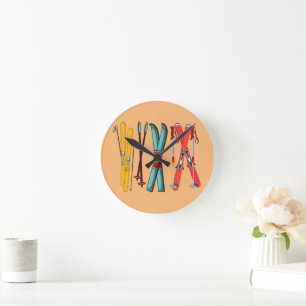 Funny Skiing Colourful Ski Skier Round Clock