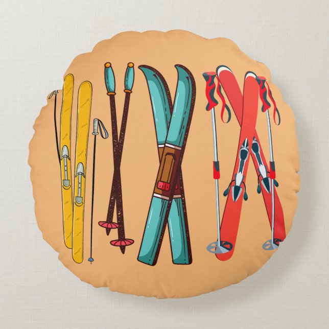 Funny Skiing Colourful Ski Skier  Round Cushion (Front)