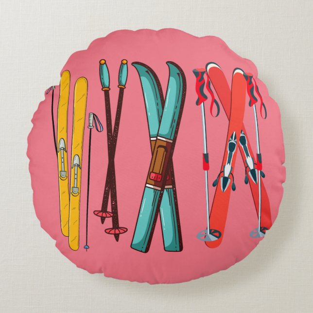 Funny Skiing Colourful Ski Skier  Round Cushion (Front)