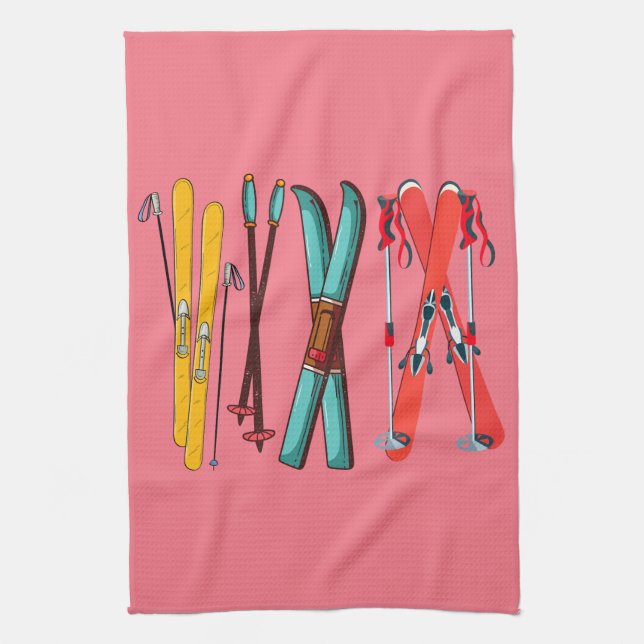 Funny Skiing Colourful Ski Skier  Tea Towel (Vertical)
