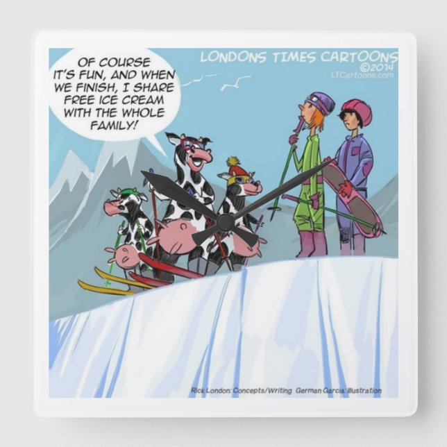 Funny Skiing Cows Wall Clock (Front)