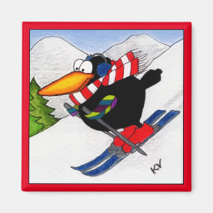 Funny skiing crow magnet