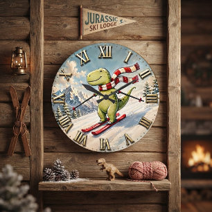 Funny Skiing Dinosaur Cute Winter T-Rex Ski Large Clock