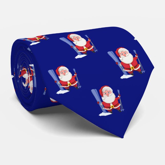 Funny Skiing Santa Claus Cartoon Pattern Navy Blue Tie (Rolled)