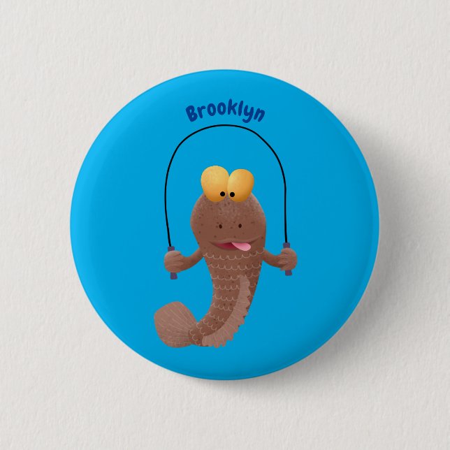 Funny skipping mudskipper fish cartoon 6 cm round badge (Front)
